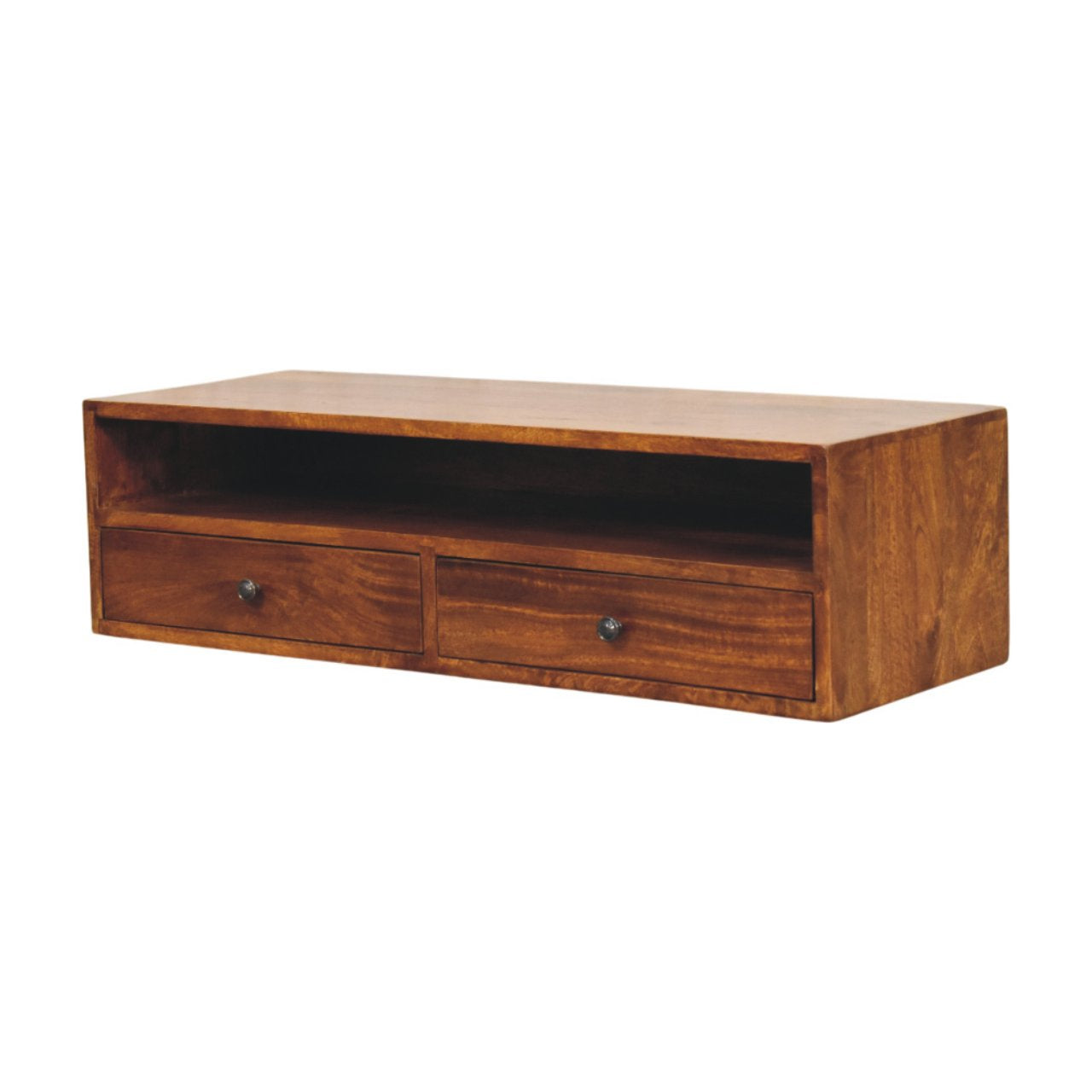 Solid Wood Lunar Wall-Mounted Media Unit, 2-Drawers, Chestnut