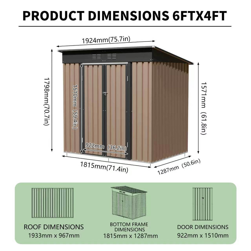 6x4 FT Metal Garden Shed With Hinge Door Pent Roof