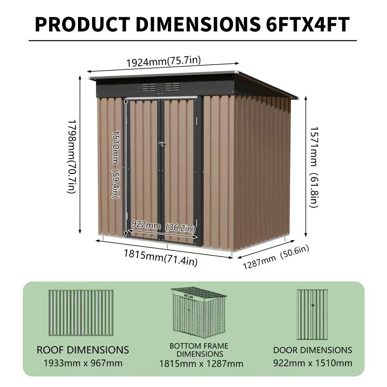6x4 FT Metal Garden Shed With Hinge Door Pent Roof