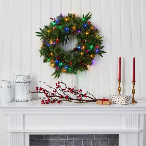 24" Mixed Pine Artificial Christmas Wreath with 50 Multicolored LED Lights, Berries and Pine Cones