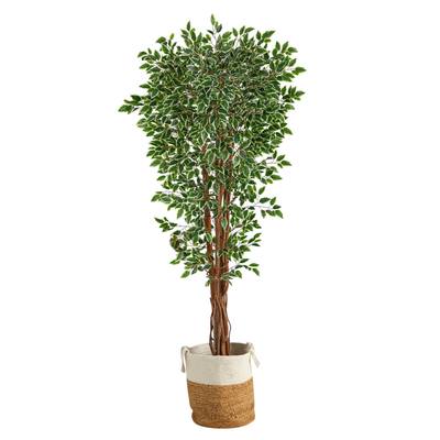 70" Variegated Ficus Artificial Tree in Handmade Natural Jute and Cotton Planter UV Resistant (Indoor/Outdoor)