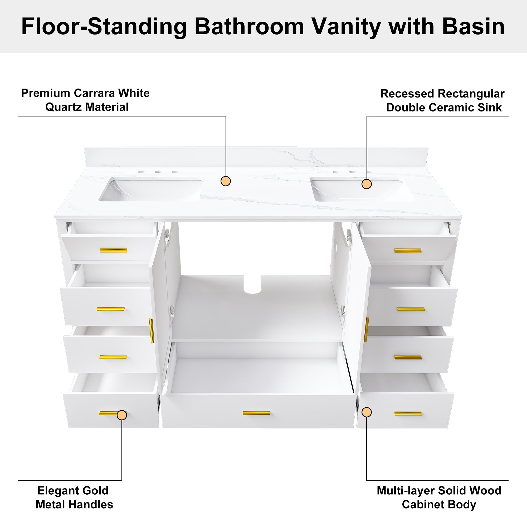 60" Solid Wood Bathroom Vanity with 2 Sinks