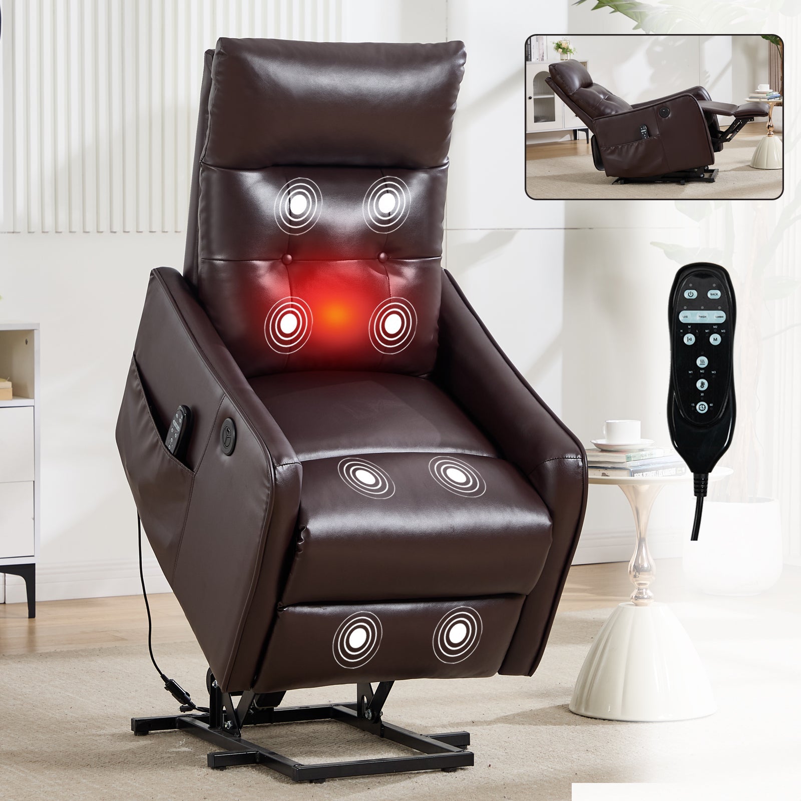 Brown PU Single Motor Power Lift Recliner Chair with Massage & Heat