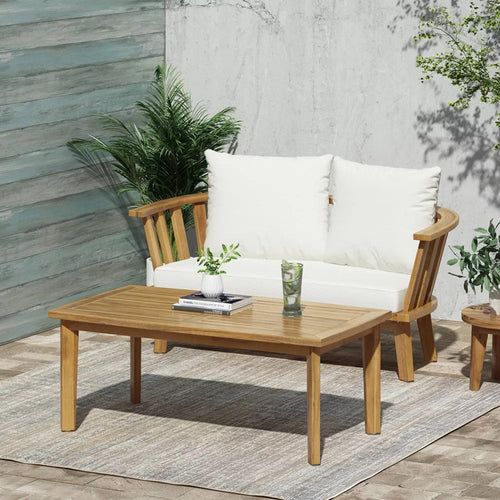 2-Person Outdoor Acacia Wood Patio Seating Group with Cushions and Coffee Table