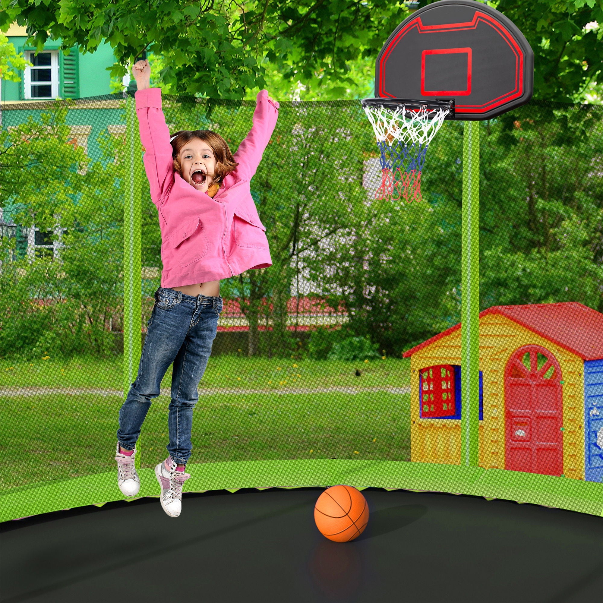 15Ft Trampoline With Basketball Hoop Inflator And Ladder (Inner Safety Enclosure)