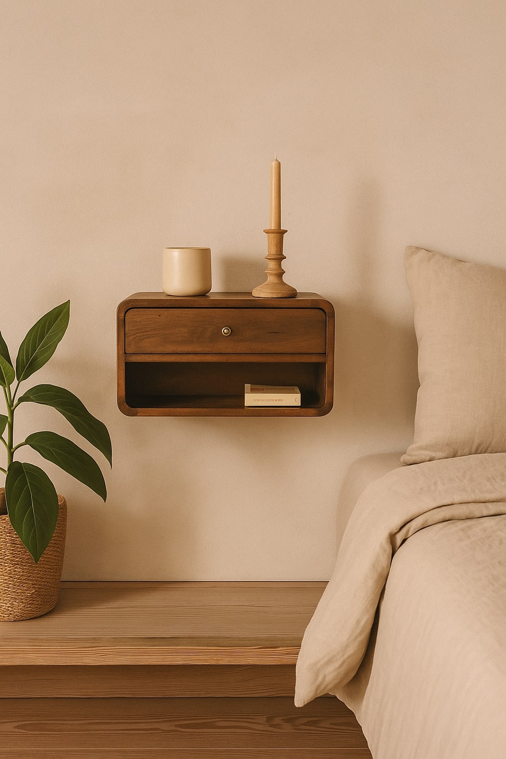 Solid Wood Curve Floating Nightstand