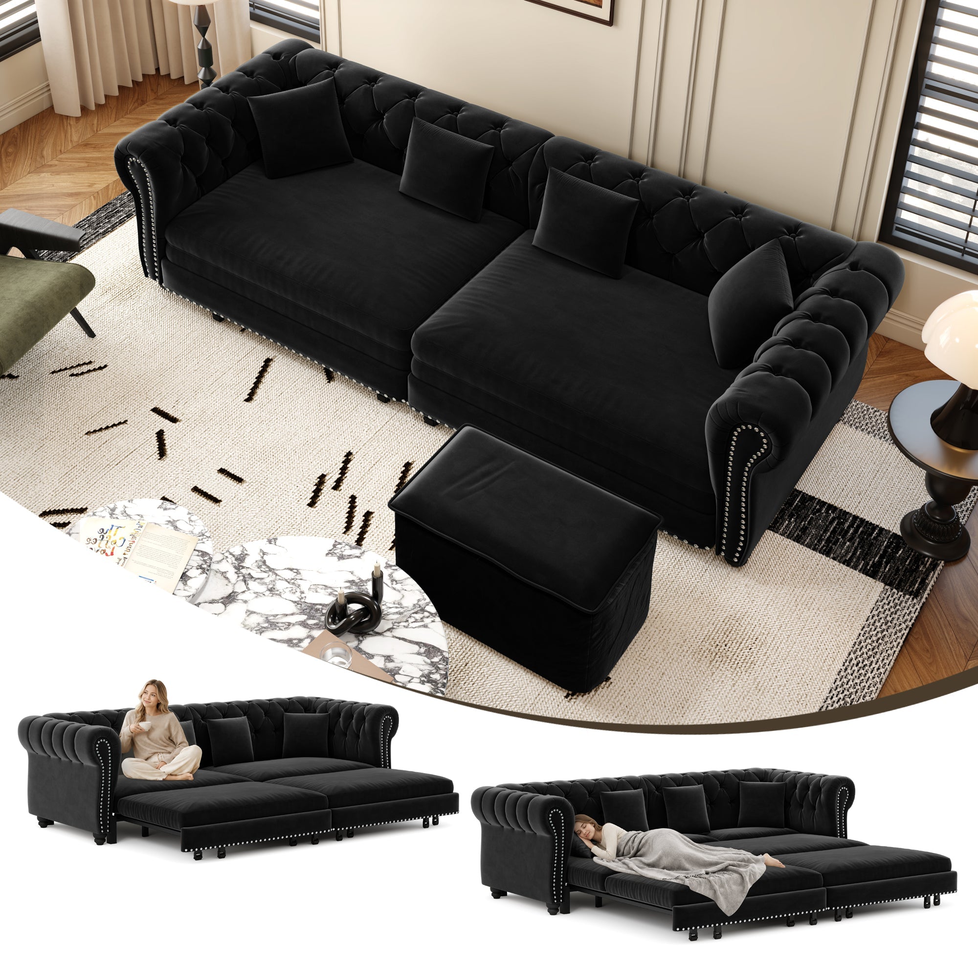 Chesterfield Sofa Bed - 3-in-1 Convertible Velvet Sofa