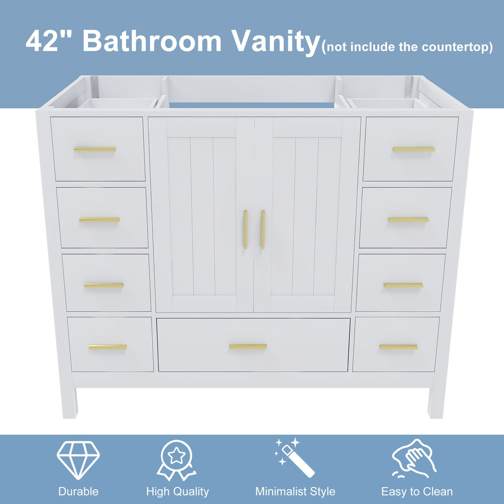 42" Bathroom Vanity Base Cabinet with 2 Soft-Close Double Doors & 9 Smooth Drawers