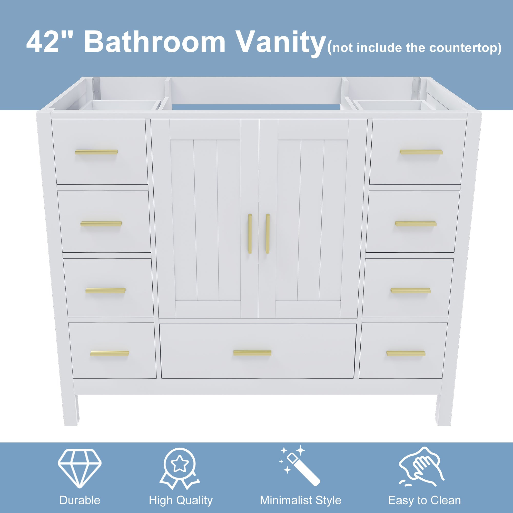 42" Bathroom Vanity Base Cabinet with 2 Soft-Close Double Doors & 9 Smooth Drawers