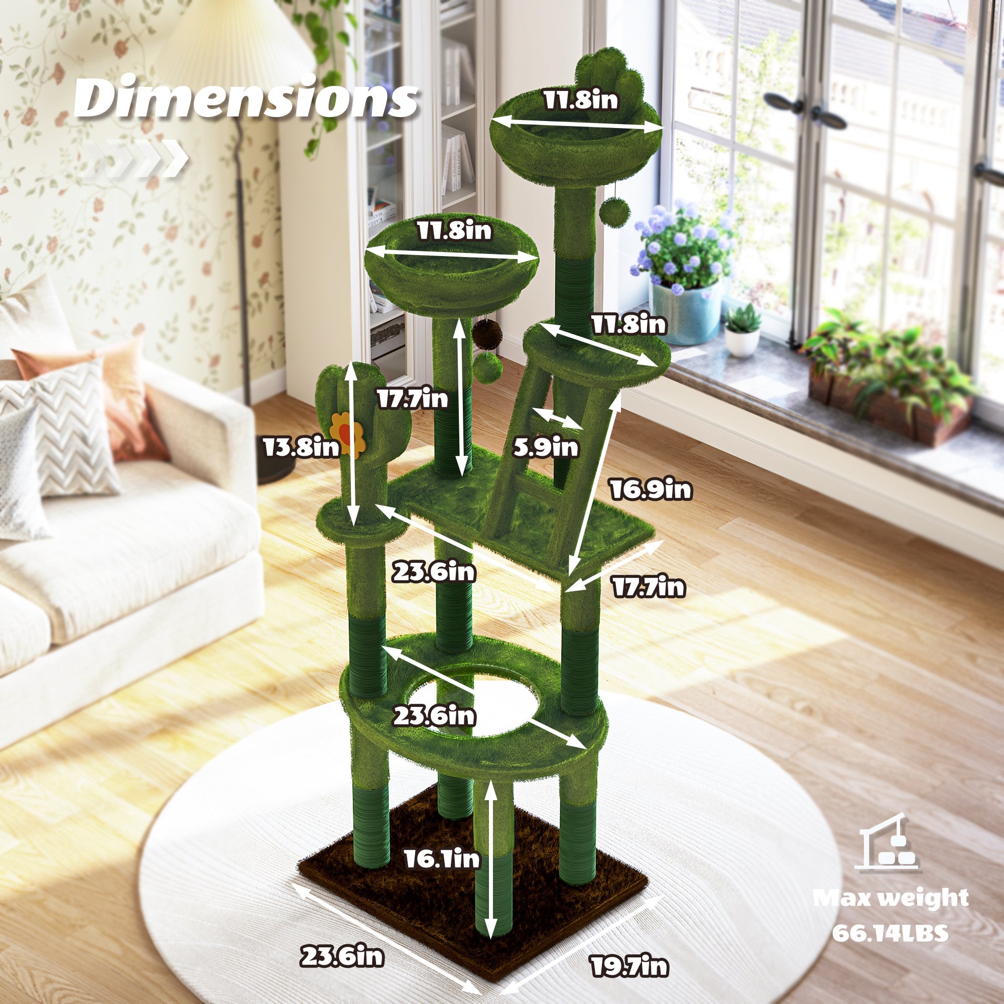 72in Cactus Cat Tree Tall Cat Tower for Indoor Cats