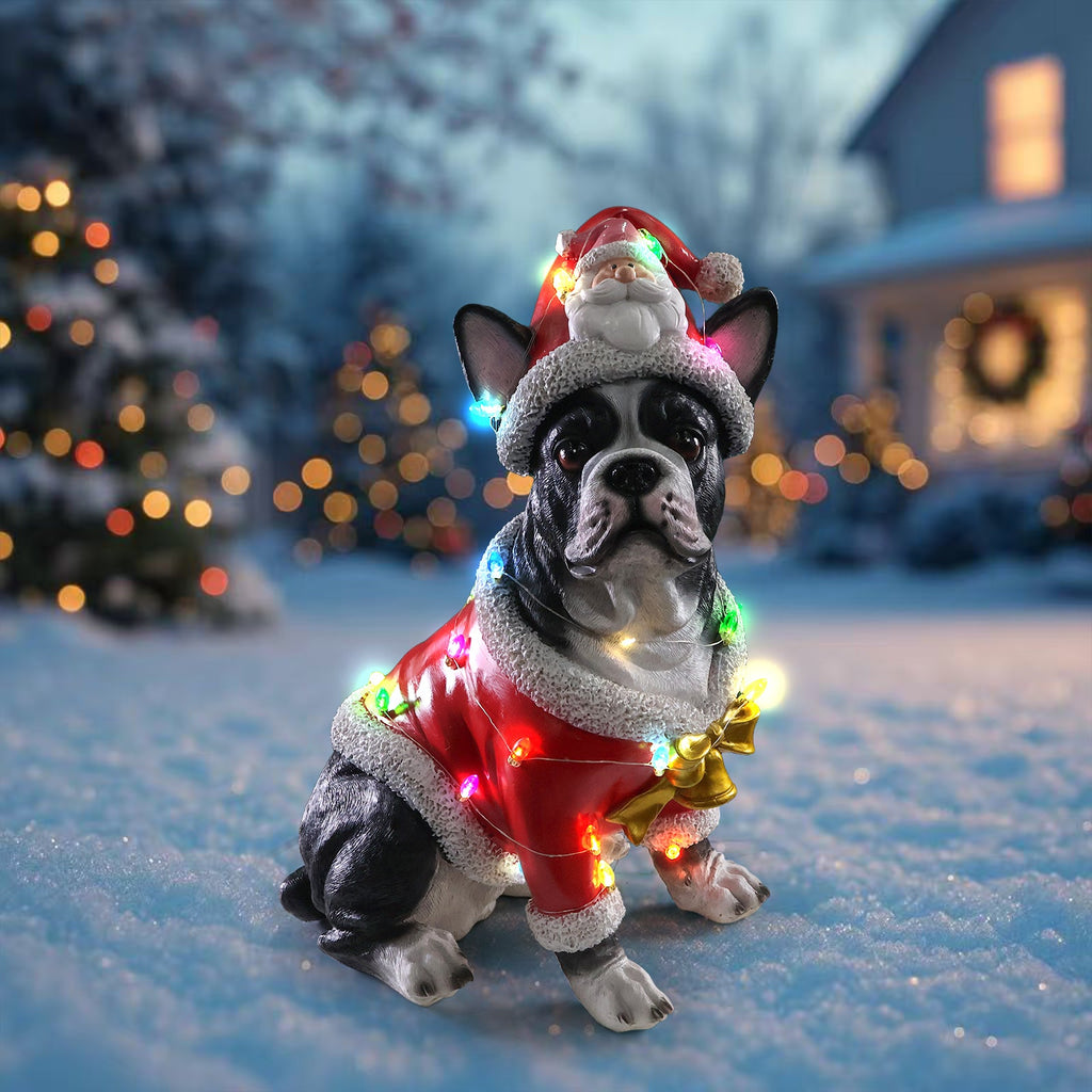 Christmas French Bulldog Statue, Holiday Dog Figurine in Santa Outfit