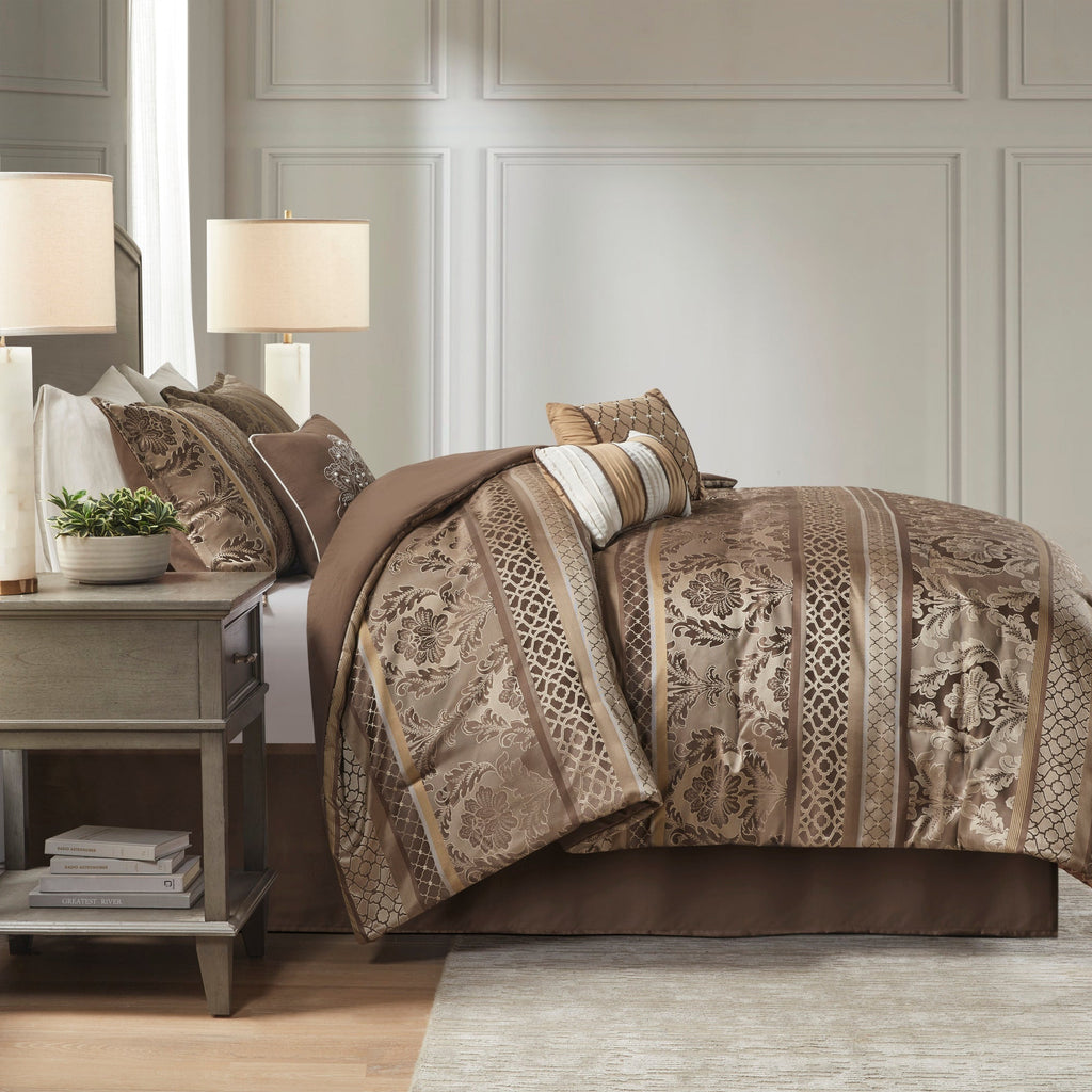 7 Piece Jacquard Comforter Set Brown/Gold Queen