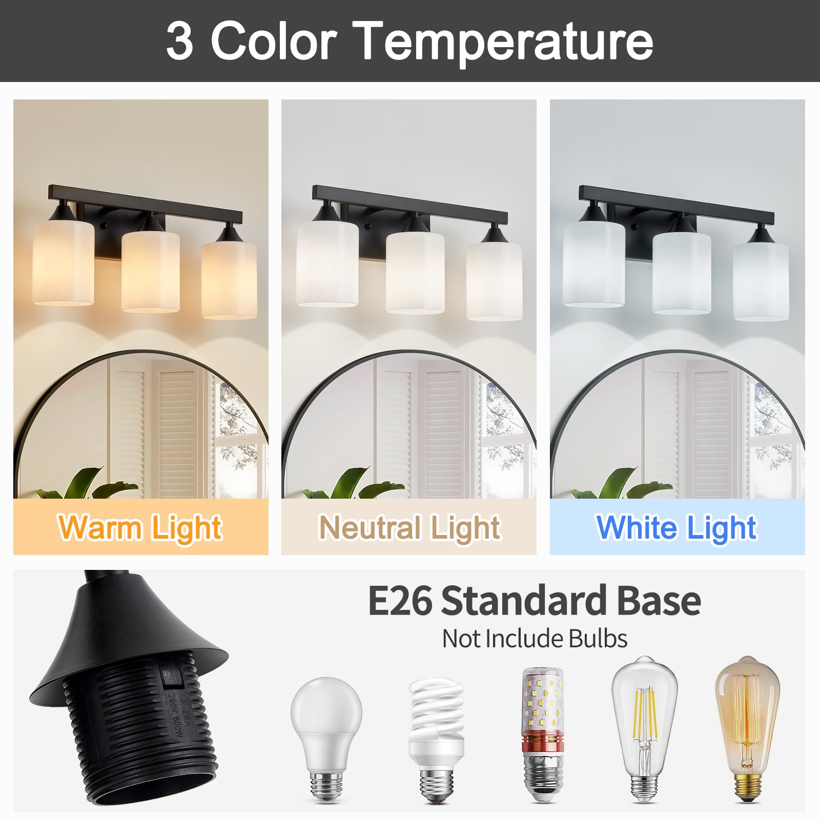 3-Light Matte Black Bathroom Vanity Light