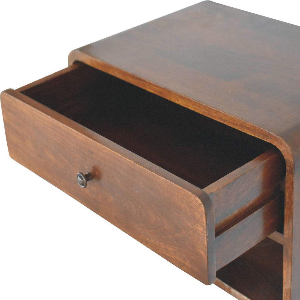 Solid Wood Large Curve Floating Bedside, 1-Drawer, 1 Open Slot, Chestnut