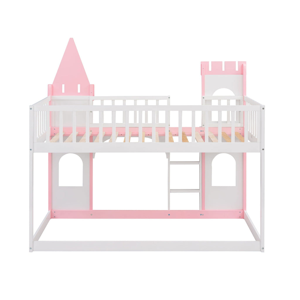 Twin Over Twin Castle Bunk Bed With Ladder - Pink