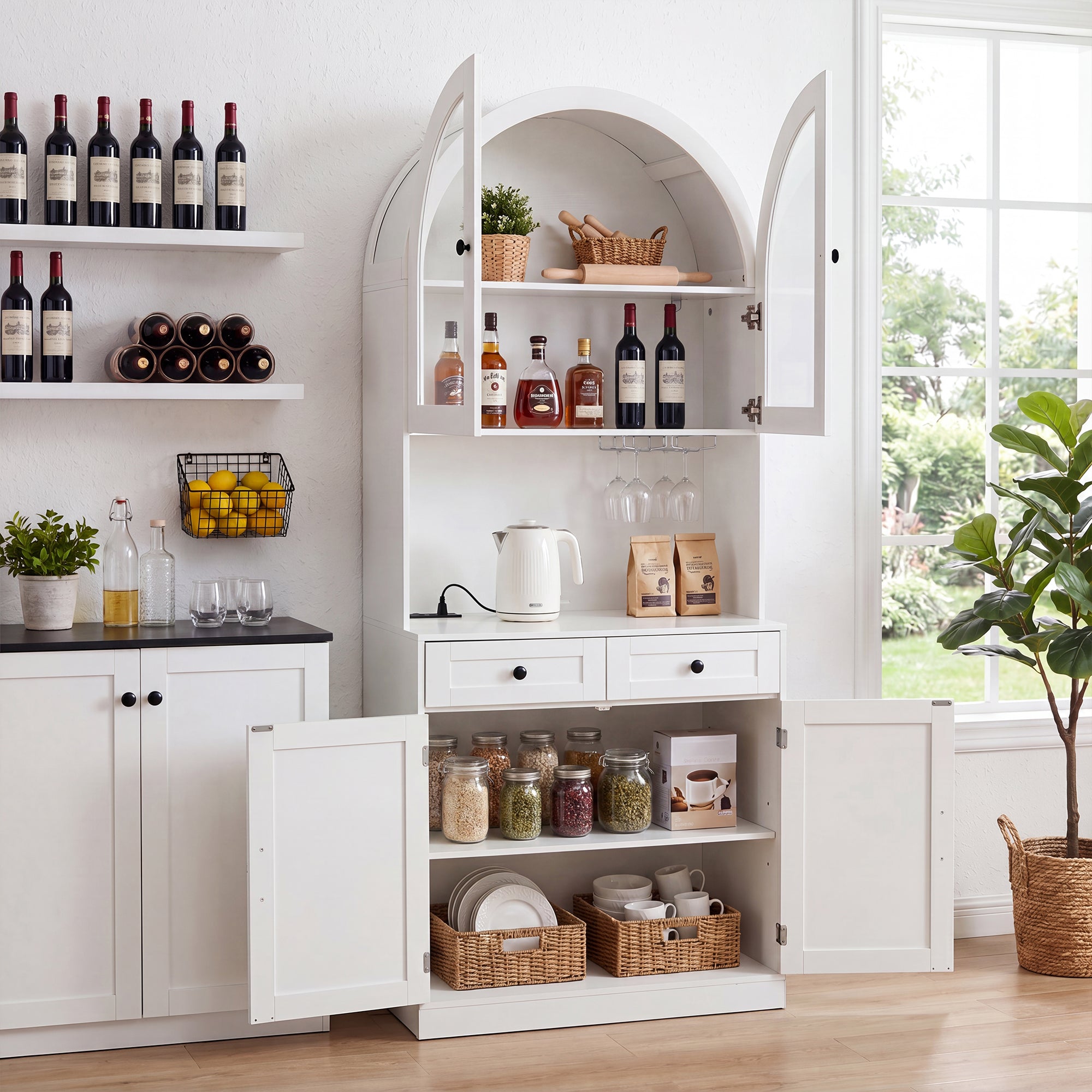 75" Farmhouse Tall Arched Pantry Cabinet with Charging Station