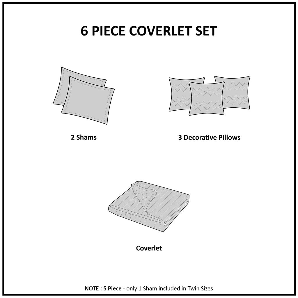 6 Piece Printed Herringbone Quilt Set with Throw Pillows