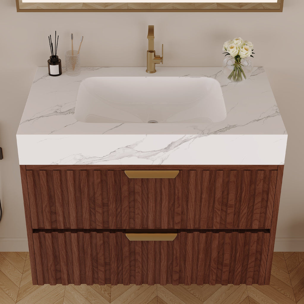 30" Modern Floating Bathroom Vanity with Seamless Sintered Stone Top & Ceramic Basin – 2 Soft-Close Drawers, Wall-Mounted