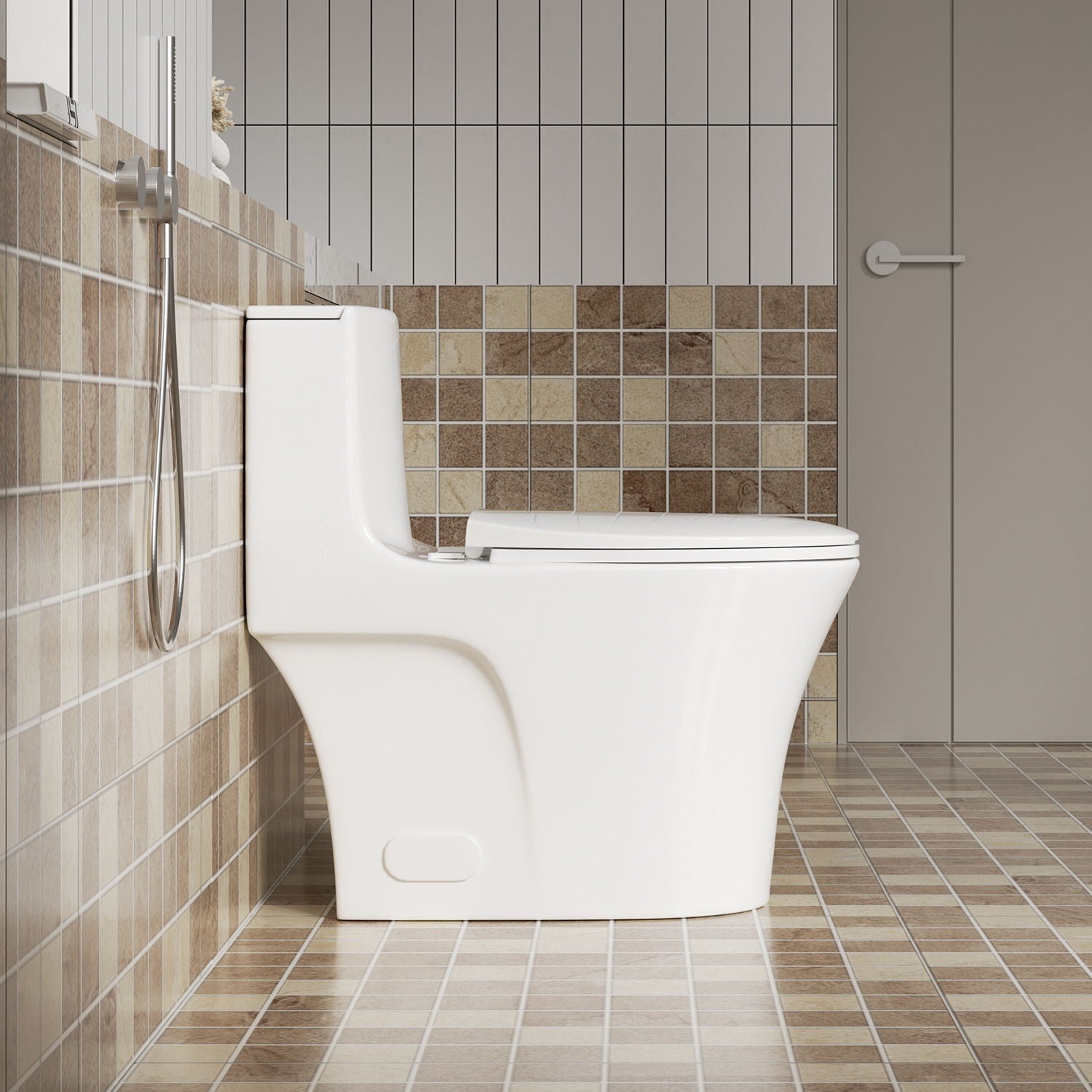 Elegant One Piece Toilet With Tornado Dual Flush, Siphonic S Trap 12", Soft Close Seat, Dual Flush, Ada Height, Glossy - Gloss White