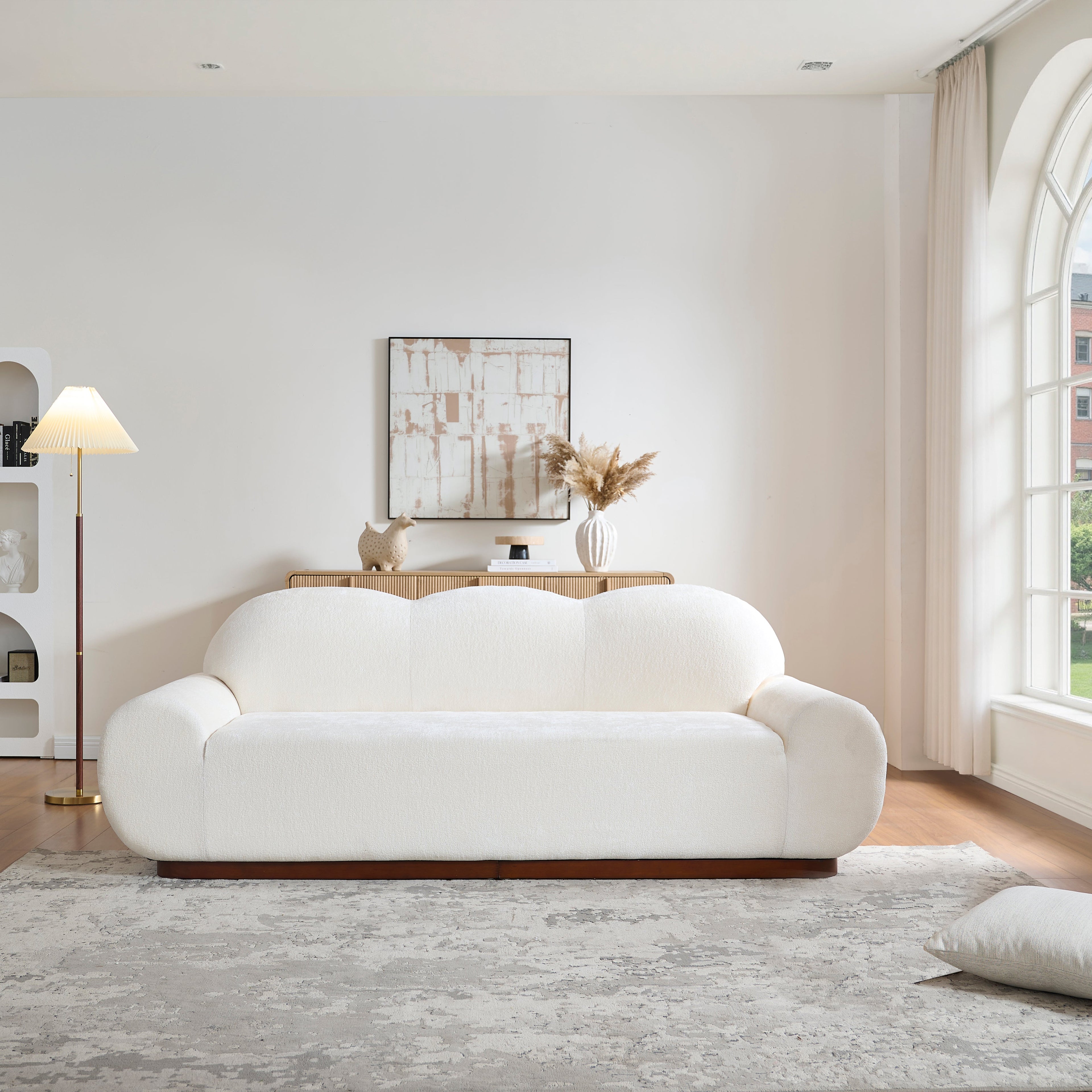 88 in. Round Arm Cloud Curved 3-Seater Modern Upholstered Chenille Sofa, Snow