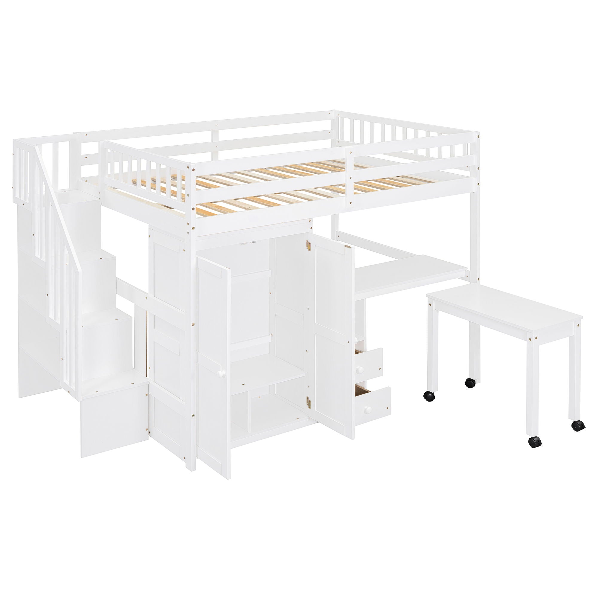 Loft Bed With Stairs, Bookshelf, Drawers, Desk & Wardrobe, Space Saving Multifunctional Furniture