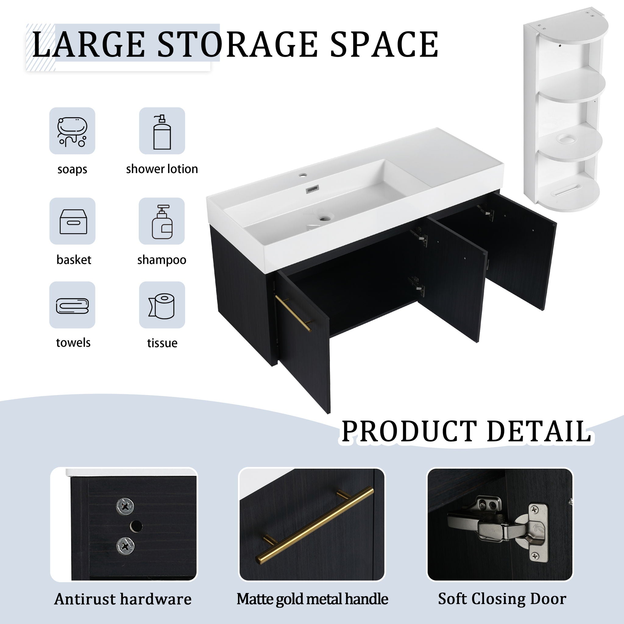 Modern Chestnut Wall Mounted Bathroom Vanity With Left Resin Sink And Storage Rack - Black Chestnut