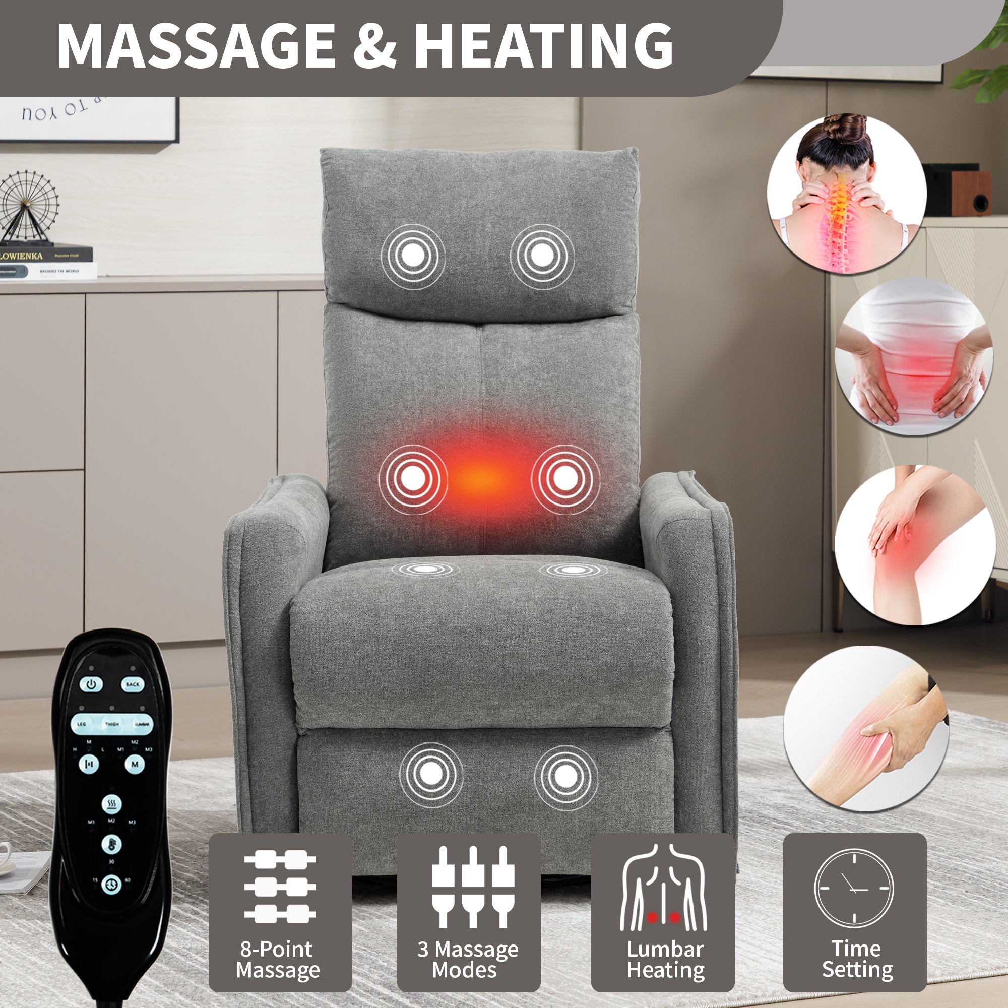 Heat Massage Manual Recliner Chair with Rocker and Swivel