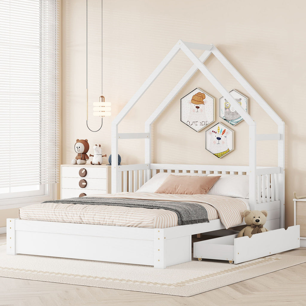 House Style Platform Bed With Guardrail And 2 Drawers