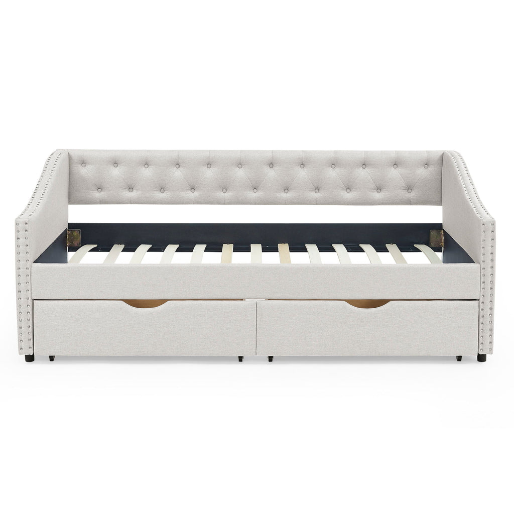 Upholstered Tufted Daybed With 2 Drawers, Waved Arms