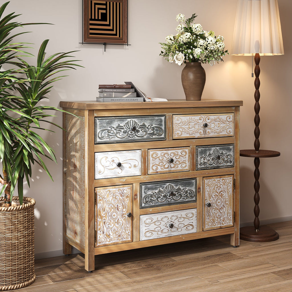 Vintage Wooden Accent Chest with 7 Drawers & 2 Cabinets