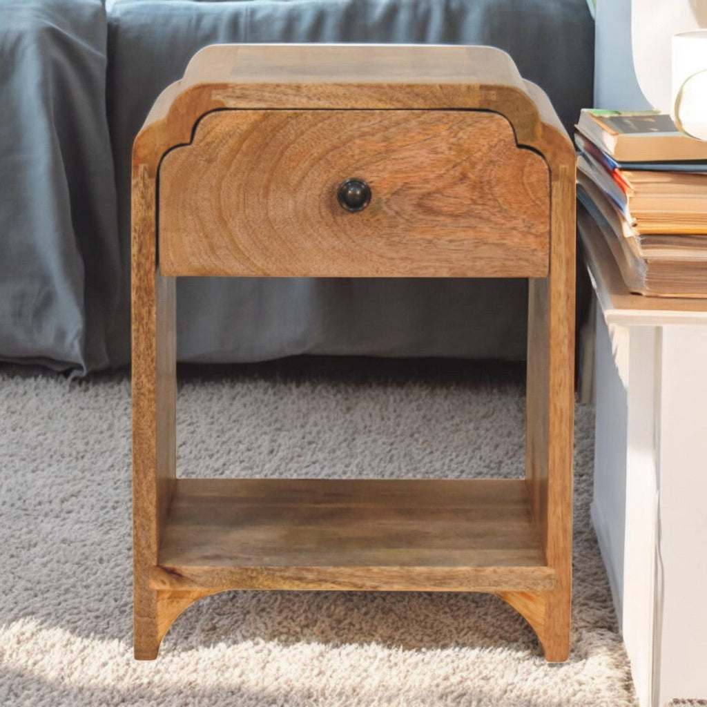 Newton Mini Oak-ish Nightstand with a Drawer and Open Shelf