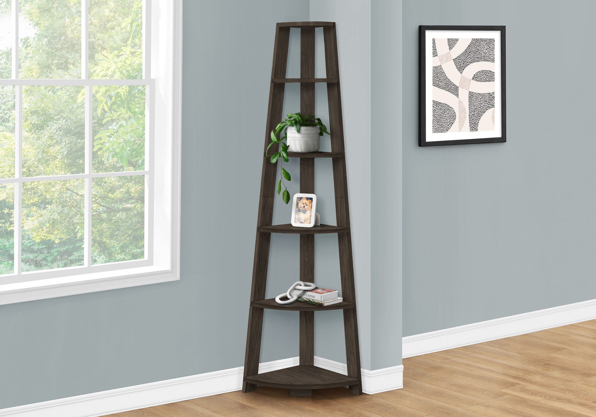 5-Tier Corner Bookshelf, Bookcase, Etagere - Modern Oak Finish