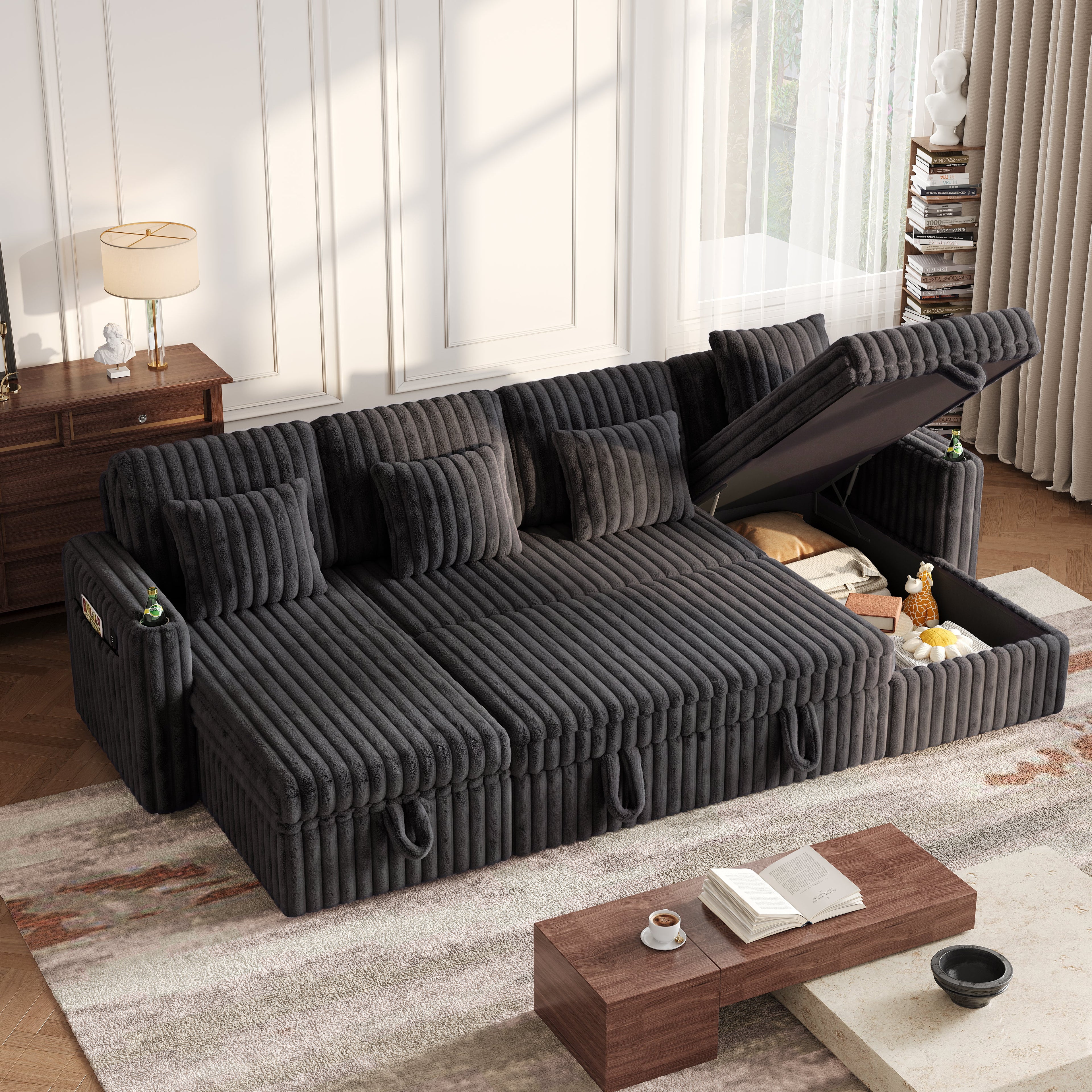 U Shaped Plush Corduroy Fluffy Sectional Sleeper Sofa
