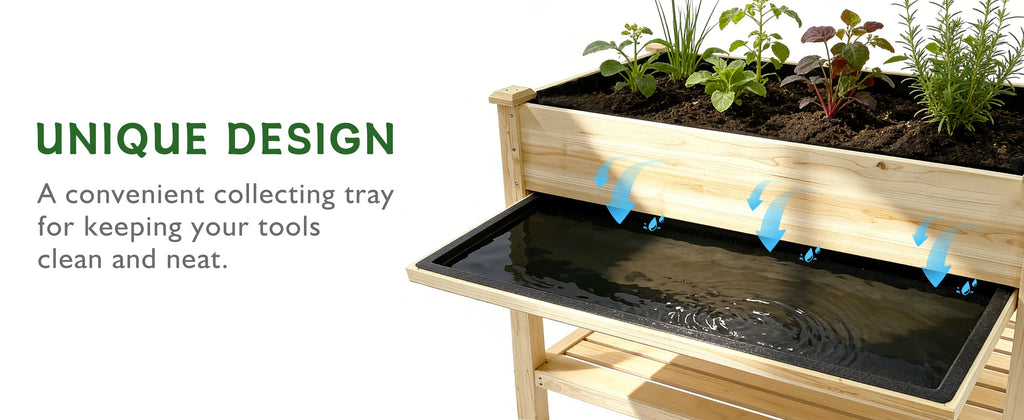Raised Garden Bed with Water Collection Tray and Storage Shelf