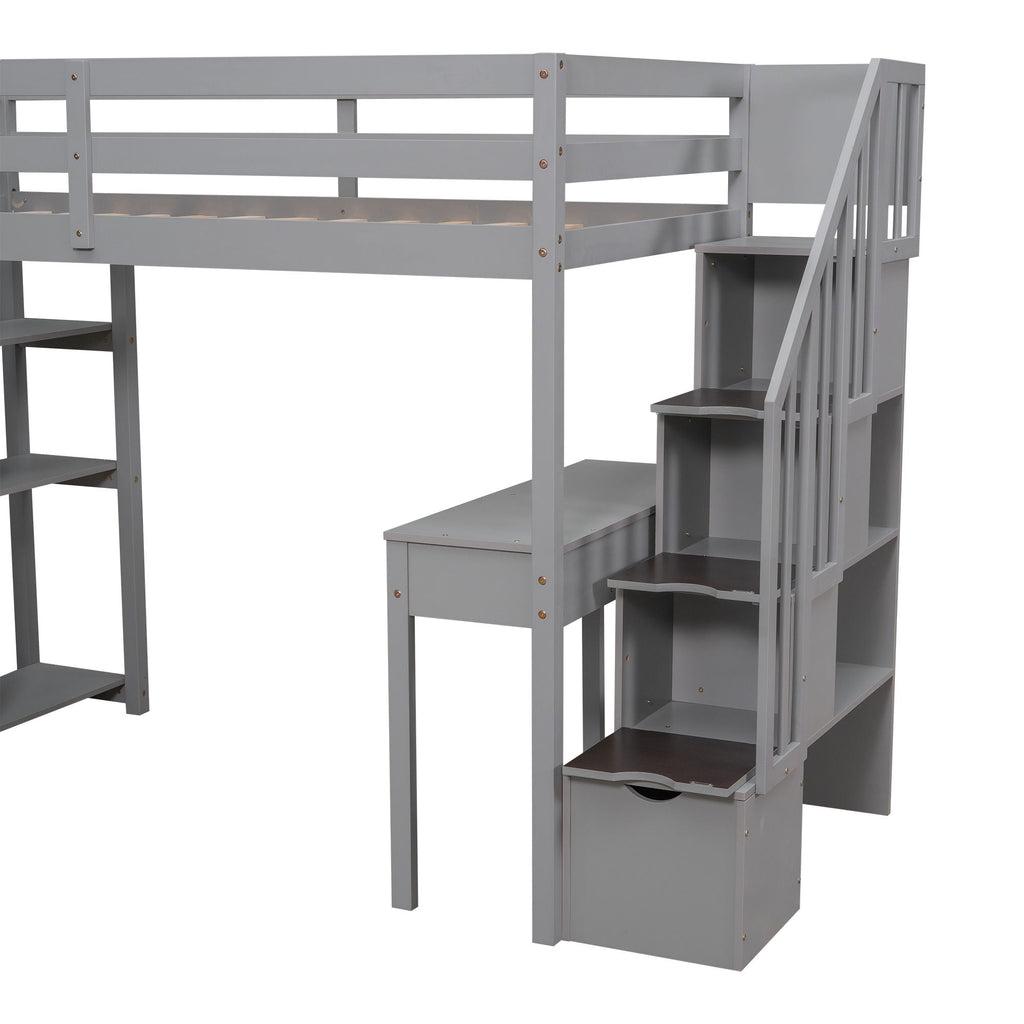 Loft Bed With Storage Drawers, Desk And Stairs With Shelves