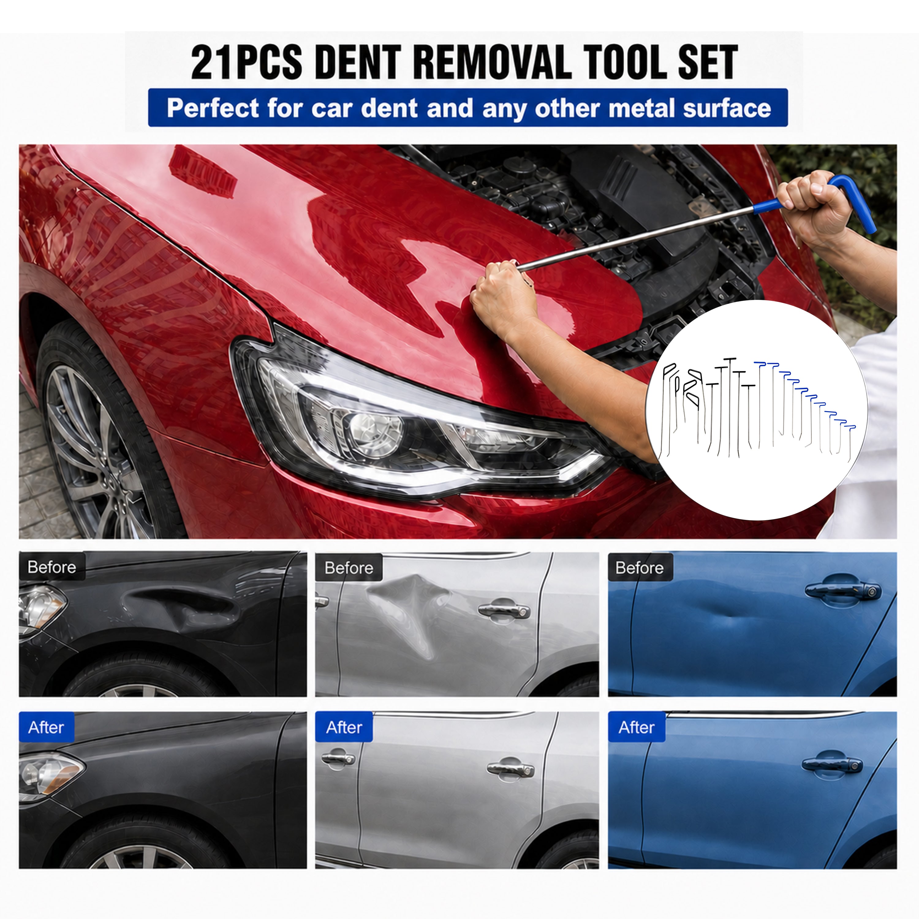 21 Pcs Paintless Dent Repair Rods Kit