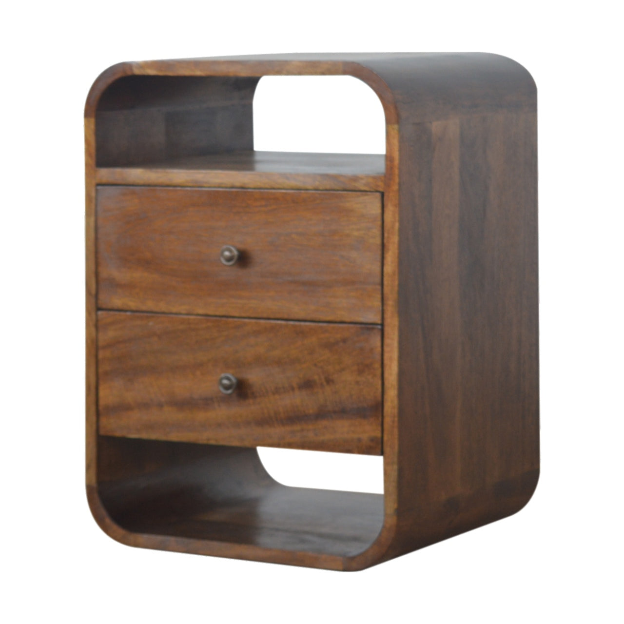 Solid Wood Chestnut Curve 2-Drawer Nightstand, 2 Open Slots
