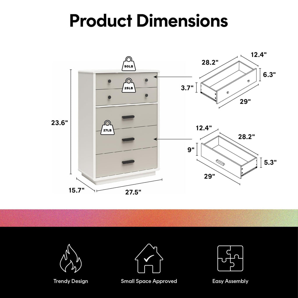 Valencia - 5 Drawer Dresser - White / Gray