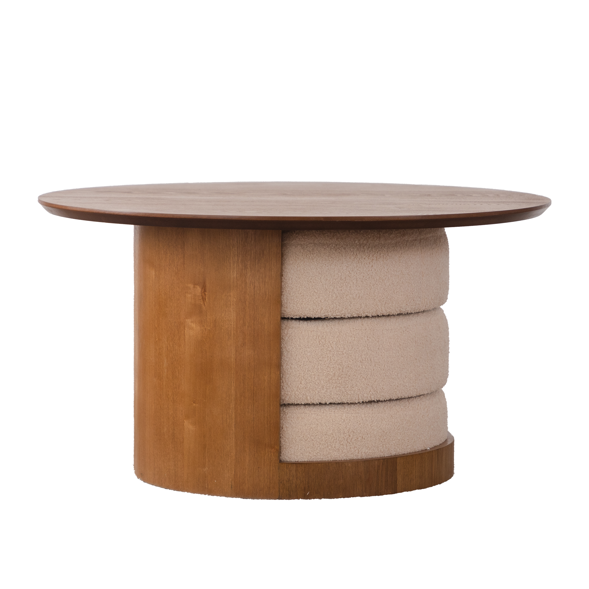 31.5" Round Wood Coffee Table with 3 Teddy Fabric Nesting Stools