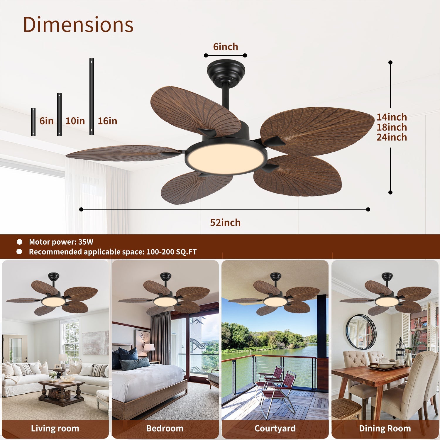 52-Inch Tropical Palm Leaf Ceiling Fan with Lights & Remote Control