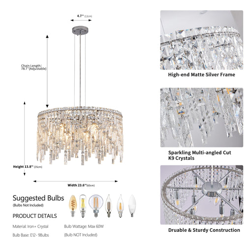 24" Luxurious Round Silver Crystal Chandelier