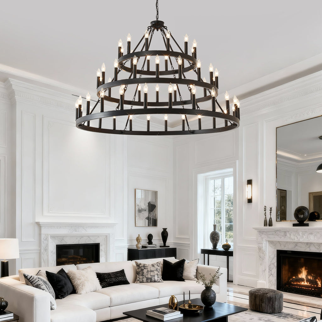 3 Tiers Wagon Wheel Chandelier - 54-Light Matte Black Metal