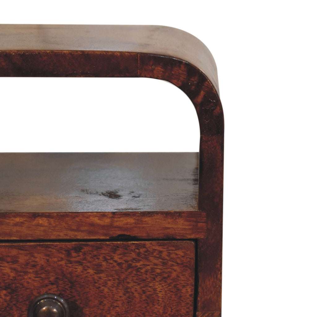 Solid Wood Extra Mini Curve Bedside, 1-Drawer, 1 Open-Slot, Chestnut
