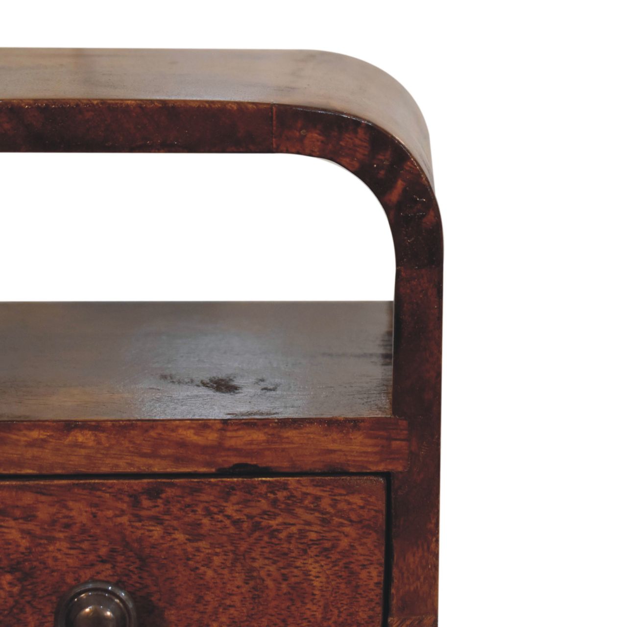 Solid Wood Extra Mini Curve Bedside, 1-Drawer, 1 Open-Slot, Chestnut