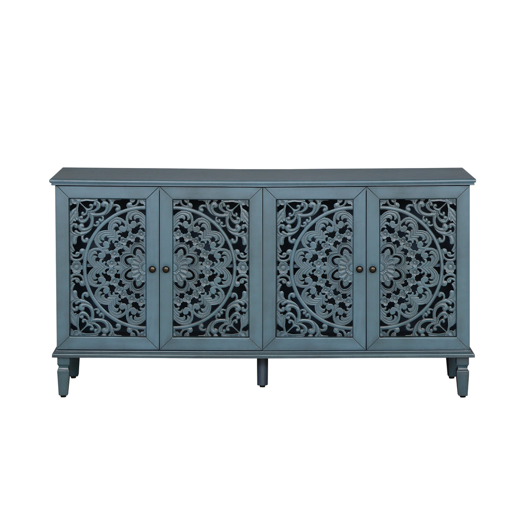 60" Antique Buffet Cabinet with Floral Carvings and Adjustable Shelves