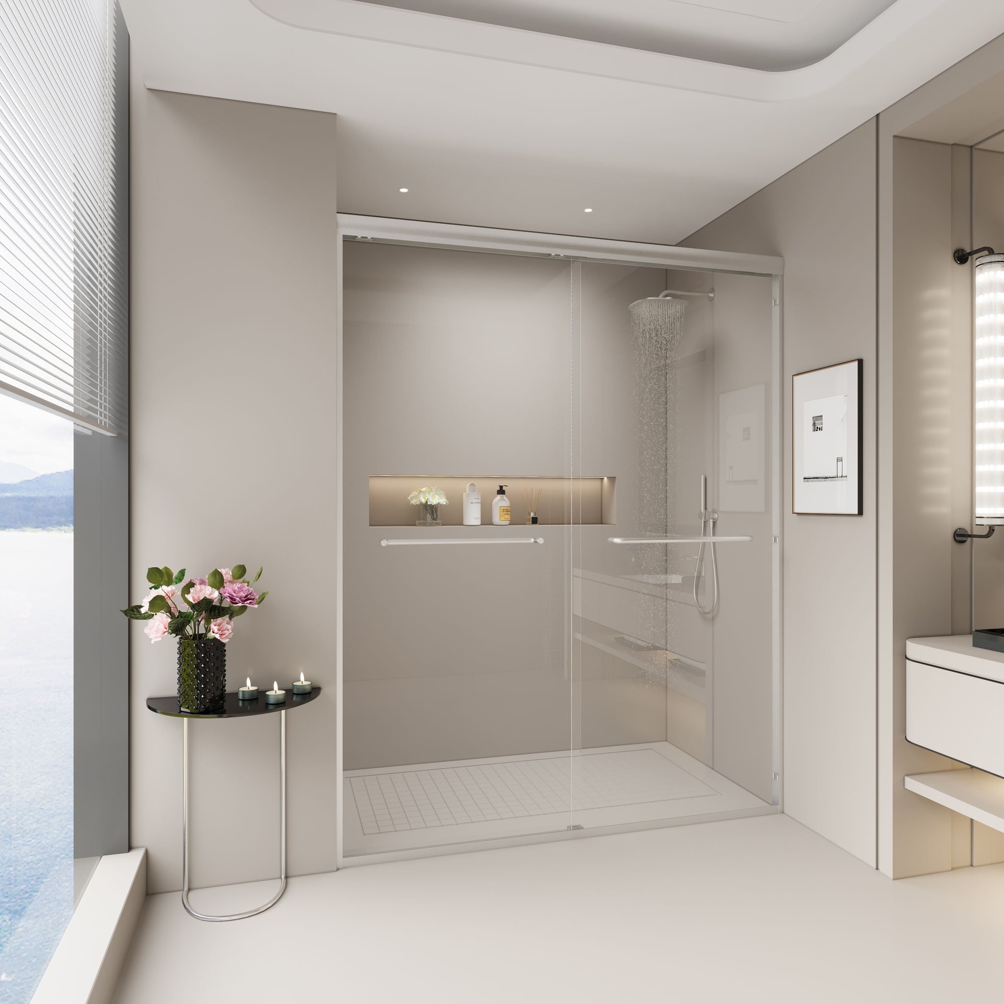 Double Sliding Shower Door, Semi-Frameless Bypass Bathroom Sliding Door With 1/4" (6 Mm) Tempered Glass For Walk-In Shower