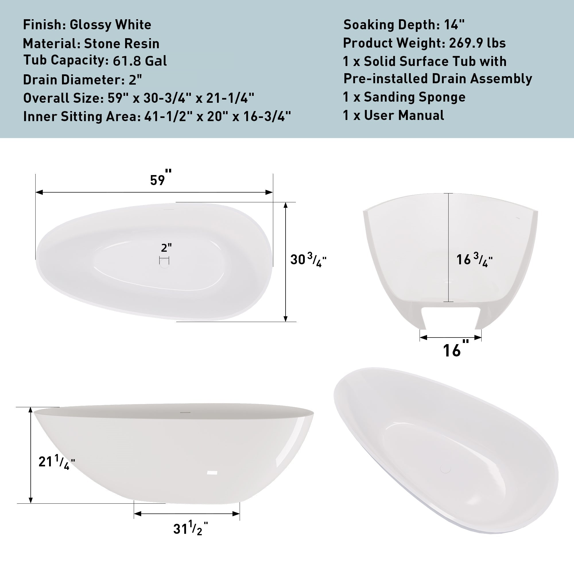 59" Freestanding Solid Surface Bathtub