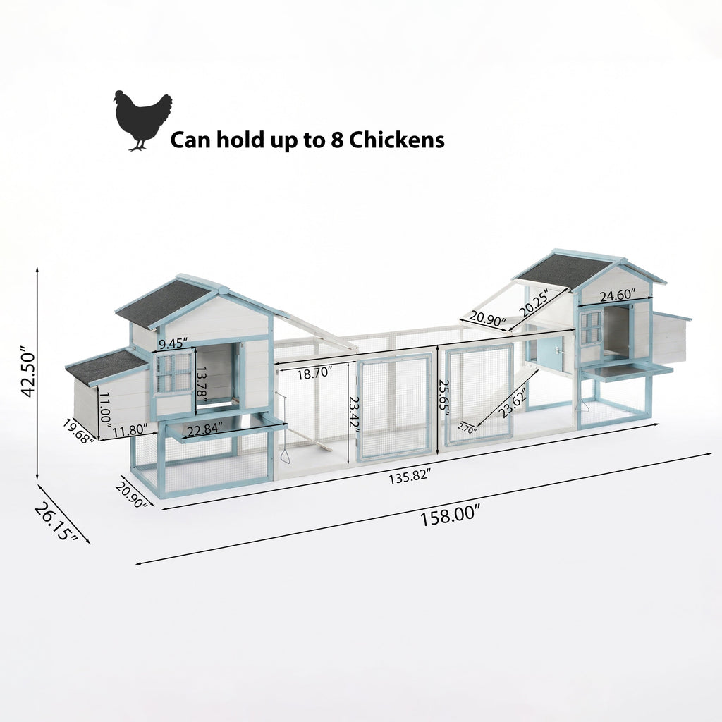 Large Wooden Chicken Coop with Double Nesting Boxes, Outdoor Walk-In Chicken Run with Waterproof Asphalt Roof, Fir Wood Poultry Cage with Pull-Out Dropping Trays