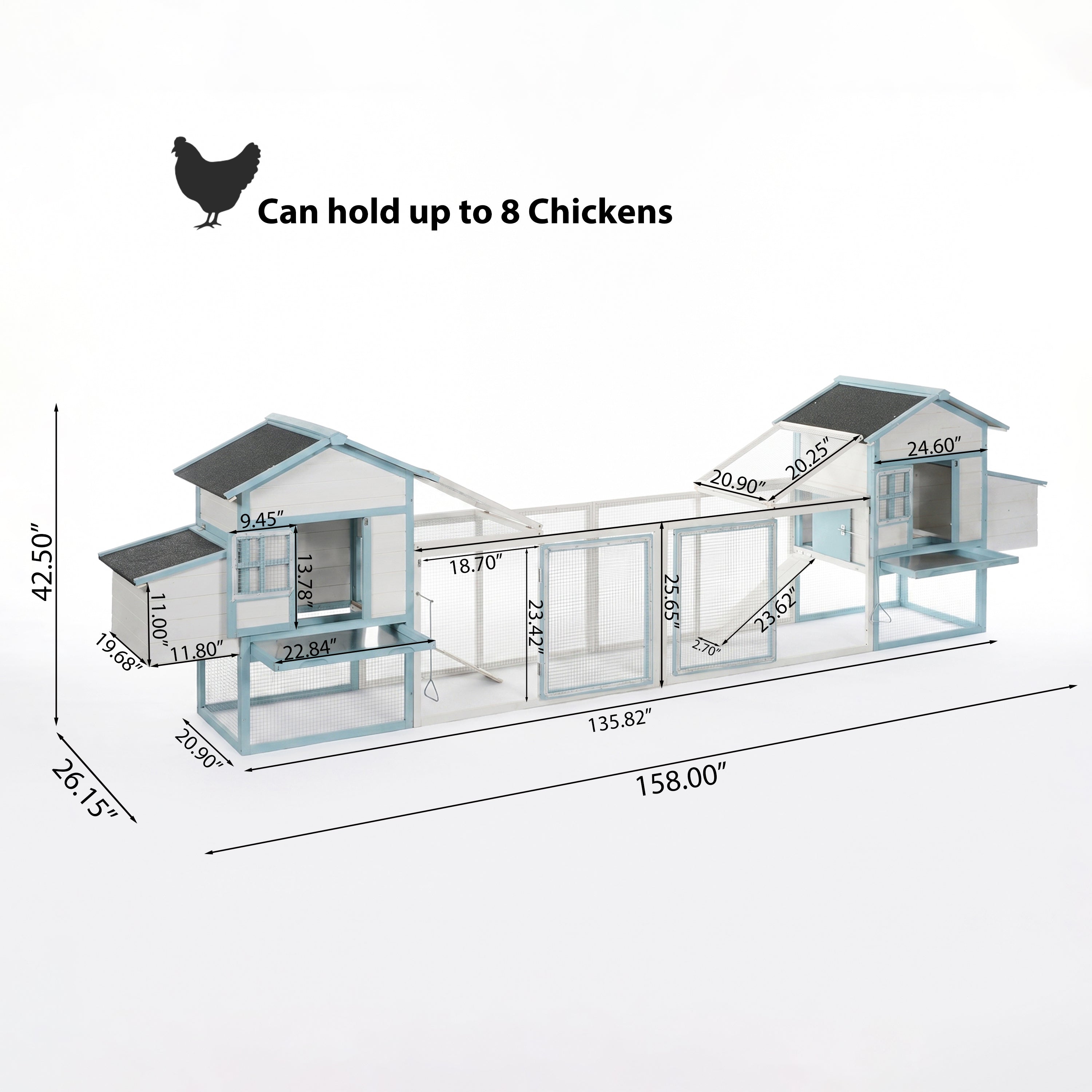Large Wooden Chicken Coop with Double Nesting Boxes, Outdoor Walk-In Chicken Run with Waterproof Asphalt Roof, Fir Wood Poultry Cage with Pull-Out Dropping Trays