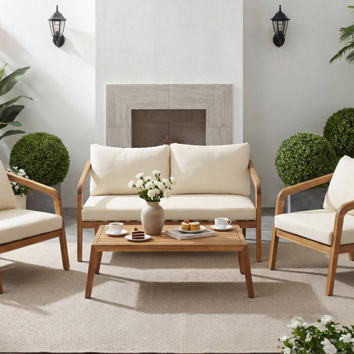 2-Piece Outdoor Loveseat & Coffee Table Set Acacia Wood Frame with PE Wicker Back & Water-Resistant Cushions